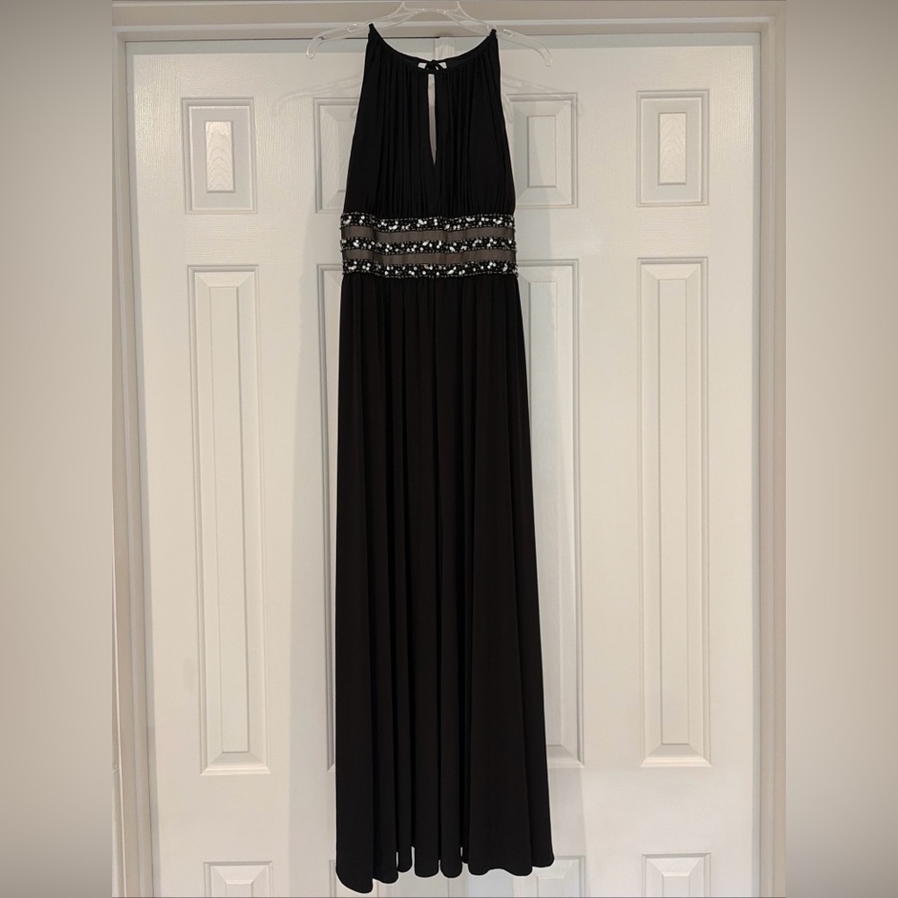 R&M Richards Elegant Black Maxi Dress with Silver Accents size 14 New with tags